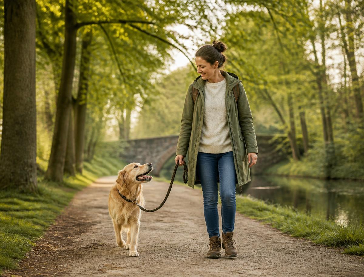 Dog owner walking her dog on a green path