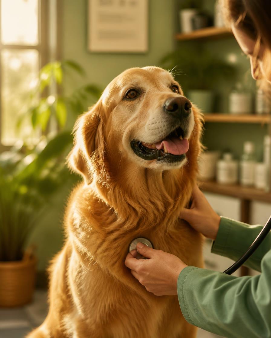 A veterinarian gently examining a golden retriever in warm natural light