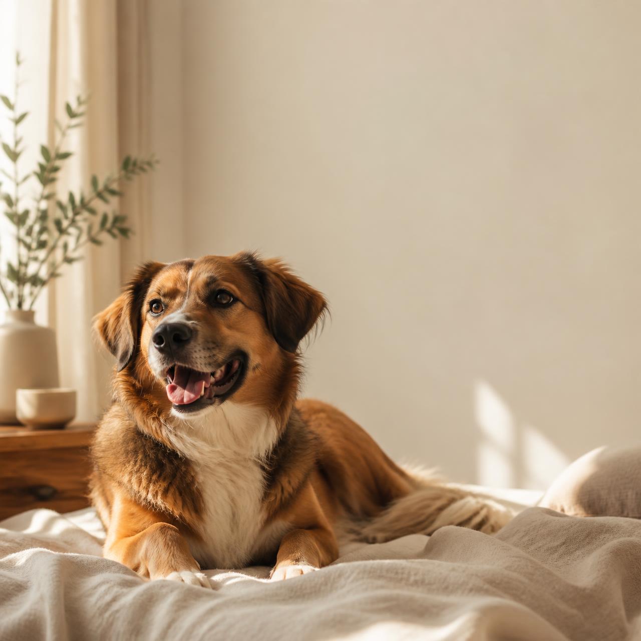 A calm, healthy dog resting in soft natural light